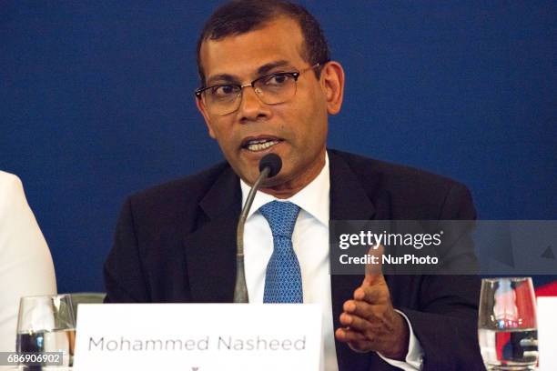 Mohammed Nasheed, the democratically elected president of the Maldives who was later deposed by a coup, speaks at the press conference of the 2017...