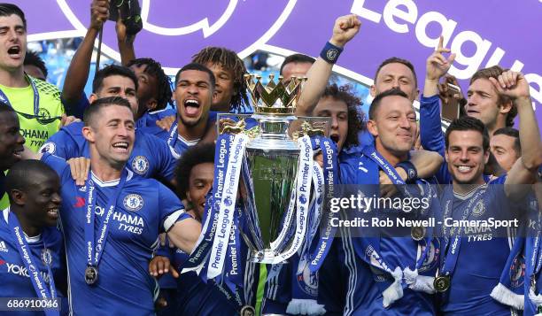 Chelsea's Gary Cahill and John Terry lift the trophy during the Premier League match between Chelsea and Sunderland at Stamford Bridge on May 21,...