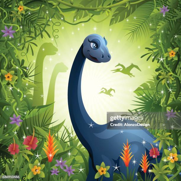 ilustraciones, imágenes clip art, dibujos animados e iconos de stock de dinosaurios en la selva - jurásico