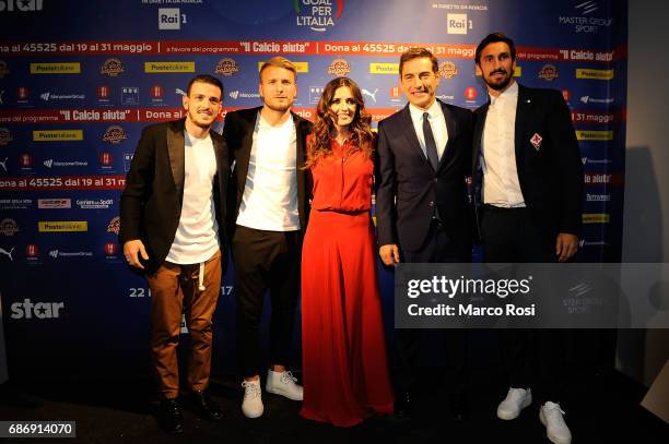 Alessandro Florenzi, Ciro Immobile, Serena Rossi, Marco Liorni and Davide Astori attend 'Un Goal per l'Italia' Event on May 22, 2017 in Norcia, Italy.