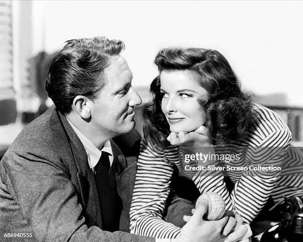 Actors Spencer Tracy as Sam Craig and Katharine Hepburn as Tess Harding in the romantic comedy film 'Woman of the Year', 1942.
