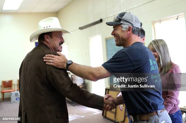 Democratic U.S. Congressional candidate Rob Quist greets supporters during a Get Out The Vote Canvass Launch event at Labor Temple on May 22, 2017 in...