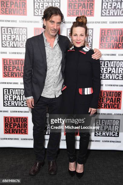Writer Nick Flynn and actress Lili Taylor attend the Elevator Repair Service Theater 25th Anniversary Gala at Tribeca Rooftop on May 22, 2017 in New...