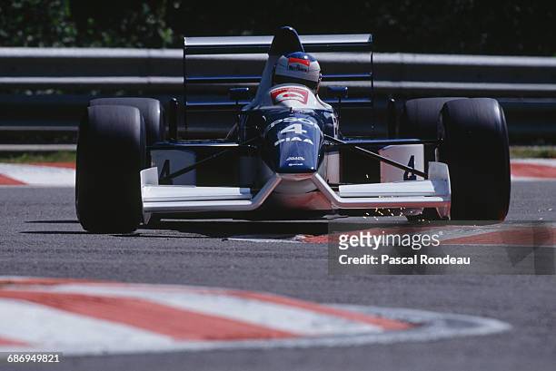 Jean Alesi of France drives the Tyrrell Racing Organisation Tyrrell 019 Ford Cosworth DFR V8 during practice for the Belgian Grand Prix on 26 August...