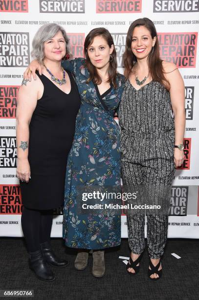 Playwright Erin Courtney, actress Jenny Seastone, and guest attend the Elevator Repair Service Theater 25th Anniversary Gala at Tribeca Rooftop on...