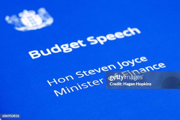 Copy of Finance Minister Steven Joyce's Budget Speech on display during the printing of the budget at Printlink on May 23, 2017 in Wellington, New...