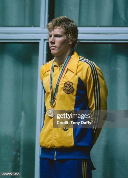 Bengt Baron of Sweden stands on the podium with his gold medal after