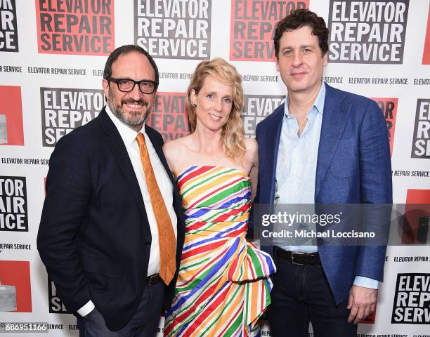 Actors Robert Cucuzza, Lucy Taylor, and Gary Wilmes attend the Elevator Repair Service Theater 25th Anniversary Gala at Tribeca Rooftop on May 22,...