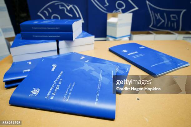 Copies of the budget on display on display during the printing of the budget at Printlink on May 23, 2017 in Wellington, New Zealand. Joyce will...