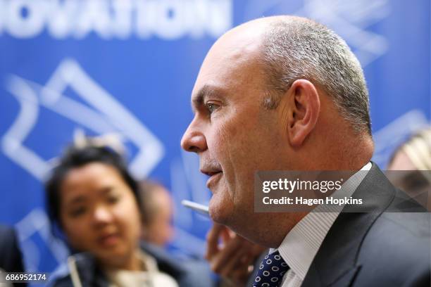 Finance Minister Steven Joyce speaks to media during the printing of the budget at Printlink on May 23, 2017 in Wellington, New Zealand. Joyce will...