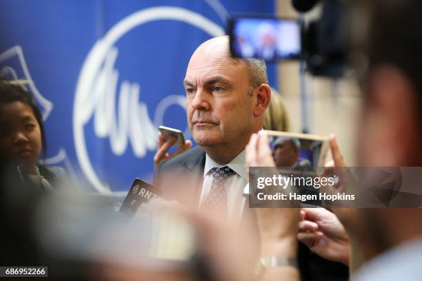 Finance Minister Steven Joyce speaks to media during the printing of the budget at Printlink on May 23, 2017 in Wellington, New Zealand. Joyce will...