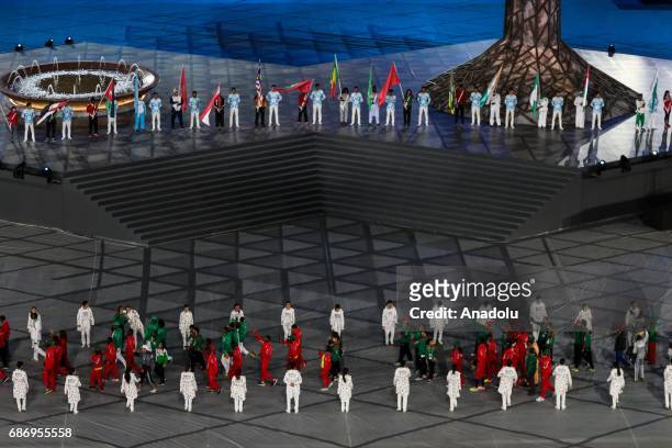 Athletes make their way into the stadium during the closing ceremony of Baku 2017 - 4th Islamic Solidarity Games at the Olympic Stadium on May 22,...