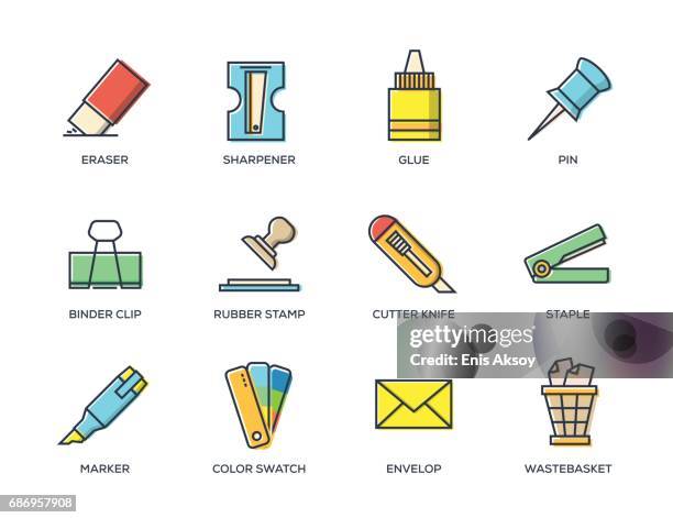 office stationery line icon set - binder clip stock illustrations