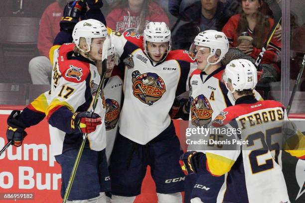 Forward Anthony Cirelli of the Erie Otters celebrates his first-period goal against the Saint John Sea Dogs on May 22, 2017 during Game 4 of the...