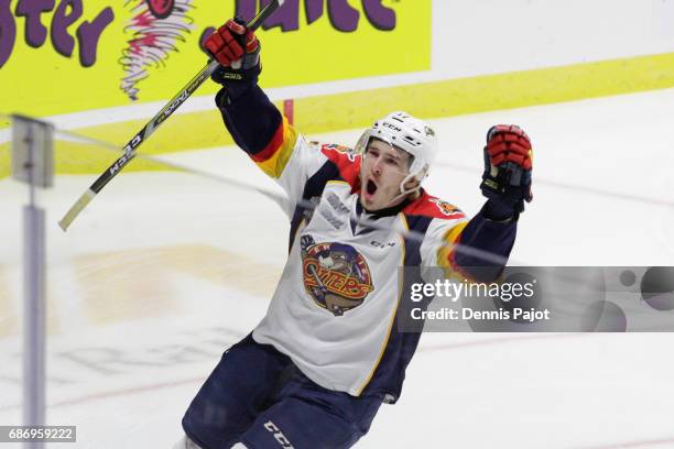 Forward Taylor Raddysh of the Erie Otters celebrates his first-period goal against the Saint John Sea Dogs on May 22, 2017 during Game 4 of the...