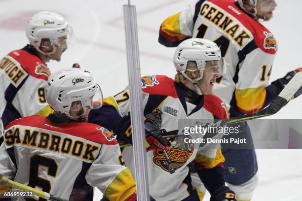 Forward Taylor Raddysh of the Erie Otters celebrates his first-period goal against the Saint John Sea Dogs on May 22, 2017 during Game 4 of the...