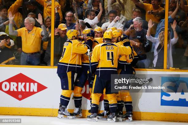 Colton Sissons of the Nashville Predators celebrates his goal against the Anaheim Ducks with teammates during the first period in Game Six of the...