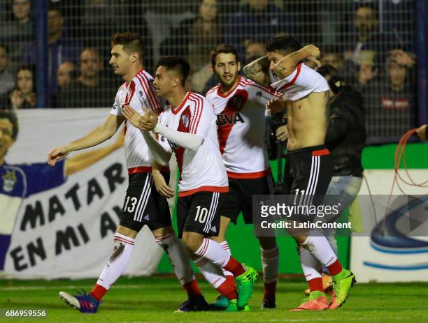 Sebastian Driussi of River Plate celebrates with teammates Lucas Alario, Camilo Mayada and Gonzalo Martinez after scoring the first goal of his team...