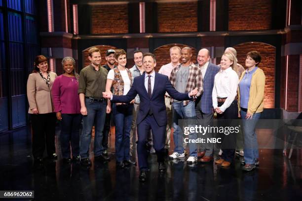 Episode 532 -- Pictured: Host Seth Meyers with the cast of Come From Away on May 22, 2017 --