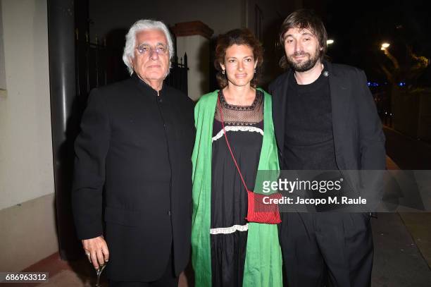 Germano Celant, Ginevra Elkann and Francesco Vezzoli attend Fondazione Prada Private Dinner during the 70th annual Cannes Film Festival at Restaurant...