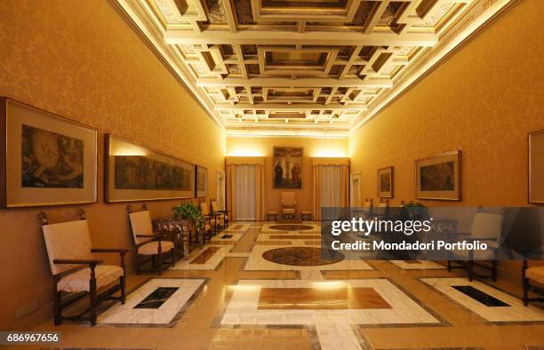 Press preview for the international journalists before the Pope's Apartments in the Apostolic Palace open to the public. The Consistory Chamber....