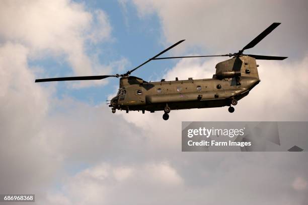 Chinook helicopter on training exercise over British countryside.