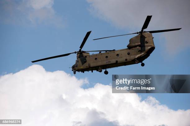 Chinook helicopter on training exercise over British countryside.