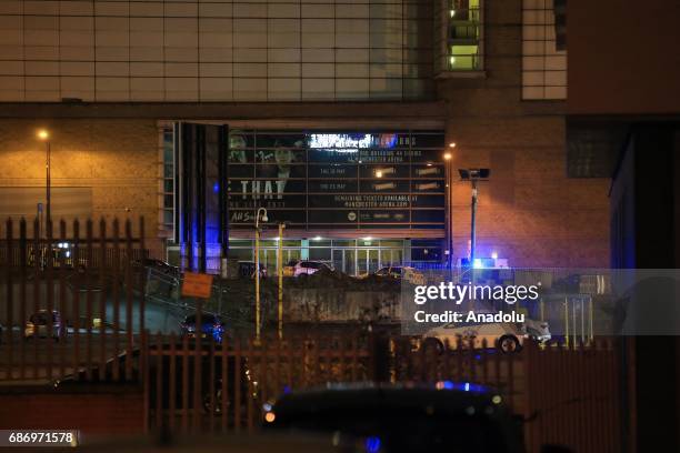 Police close-off roads leading to the Manchester Arena stadium in Manchester, England, United Kingdom on May 23, 2017. A large explosion was reported...