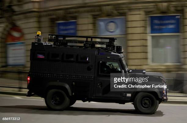 An amoured police vehicle patrols near Manchester Arena on May 23, 2017 in Manchester, England. An explosion occurred at Manchester Arena as concert...