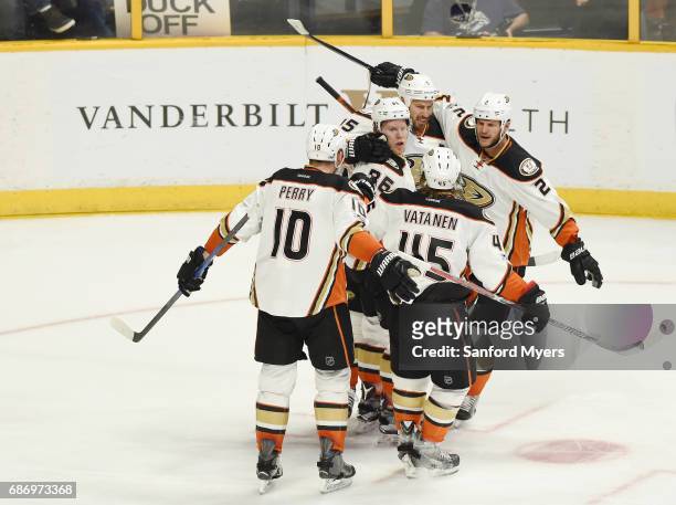 Ondrej Kase of the Anaheim Ducks celebrates with teammates after scoring a goal against the Nashville Predators during the second period in Game Six...