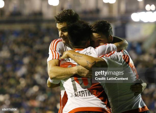 Gonzalo Martinez of River Plate celebrates with teammates Lucas Alario and Sebastian Driussi after scoring the second goal of his team during a match...