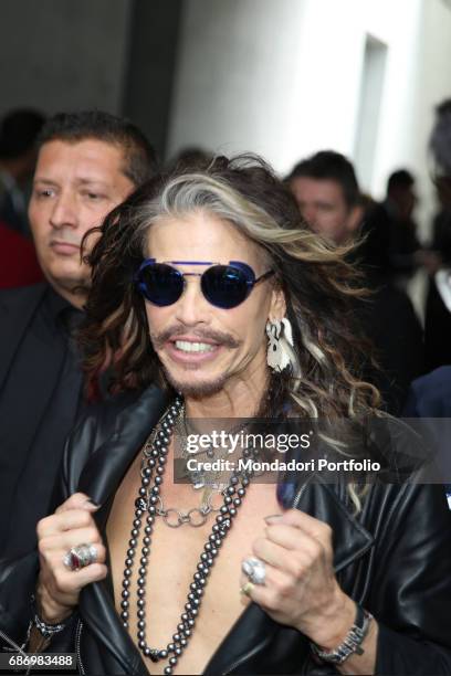 The singer-songwriter Steven Tyler showing his necklaces. Milan, Italy. 23rd June 2014