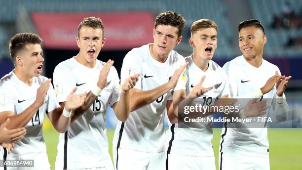 Members of New Zealand react after their national anthem was played before the FIFA U-20 World Cup Korea Republic 2017 group E match between Vietnam...