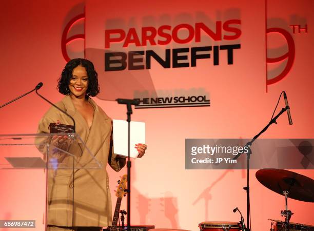 Rihanna speaks during The 69th Annual Parsons Benefit at Pier 60 on May 22, 2017 in New York City.