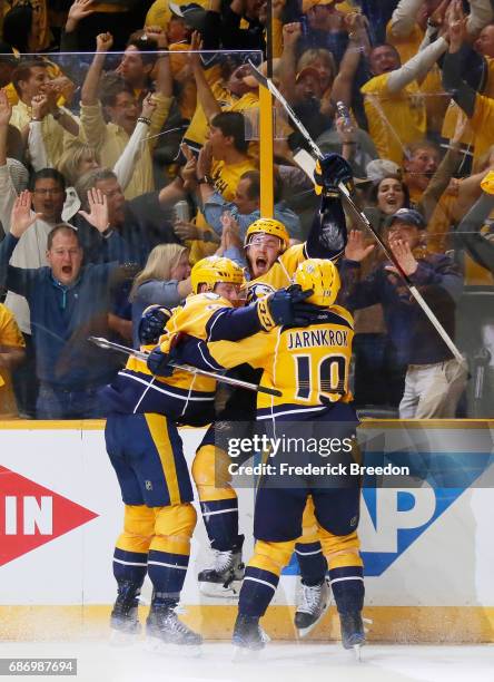 Colton Sissons of the Nashville Predators celebrates with teammates after scoring during the third period against the Anaheim Ducks in Game Six of...