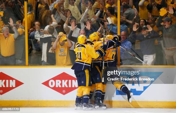 Colton Sissons of the Nashville Predators celebrates with teammates after scoring during the third period against the Anaheim Ducks in Game Six of...