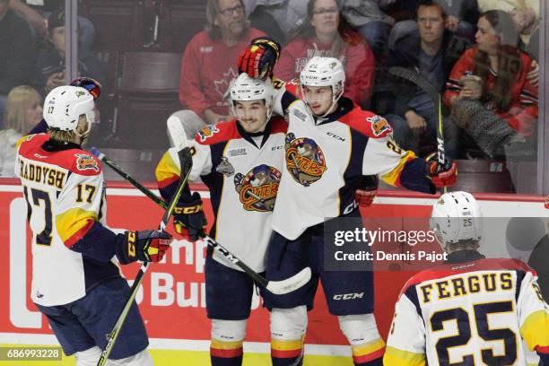 Forward Anthony Cirelli of the Erie Otters celebrates his first-period goal against the Saint John Sea Dogs on May 22, 2017 during Game 4 of the...