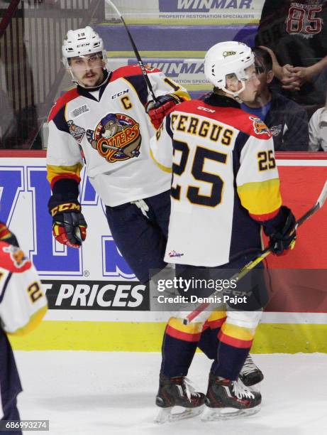 Forward Dylan Strome of the Erie Otters celebrates his first-period goal against the Saint John Sea Dogs on May 22, 2017 during Game 4 of the...