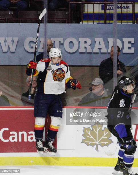 Forward Kyle Maksimovich of the Erie Otters celebrates hist first-period goal against the Saint John Sea Dogs on May 22, 2017 during Game 4 of the...