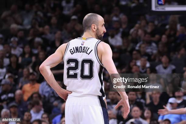 Manu Ginobili of the San Antonio Spurs looks on in the first half against the Golden State Warriors during Game Four of the 2017 NBA Western...