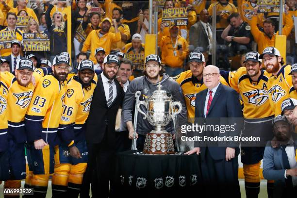 The Nashville Predators celebrate with the Clarence S. Campbell Bowl after defeating the Anaheim Ducks 6 to 3 in Game Six of the Western Conference...
