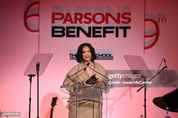 Honoree Rihanna makes acceptance remarks on stage during the 69th Annual Parsons Benefit at Pier 60 on May 22, 2017 in New York City.