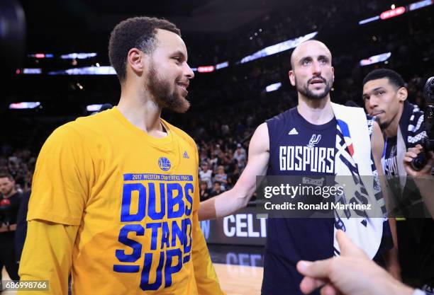 Stephen Curry of the Golden State Warriors greets Manu Ginobili of the San Antonio Spurs after the Golden State Warriors defeated the San Antonio...