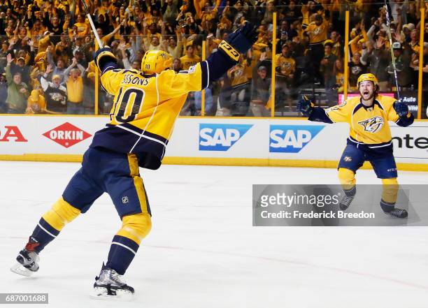 Colton Sissons celebrates a goal by Austin Watson of the Nashville Predators against the Anaheim Ducks during the first period in Game Six of the...