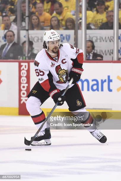 Ottawa Senators defenseman Erik Karlsson handles the puck during the first period. The Pittsburgh Penguins won 7-0 in Game Five of the Eastern...