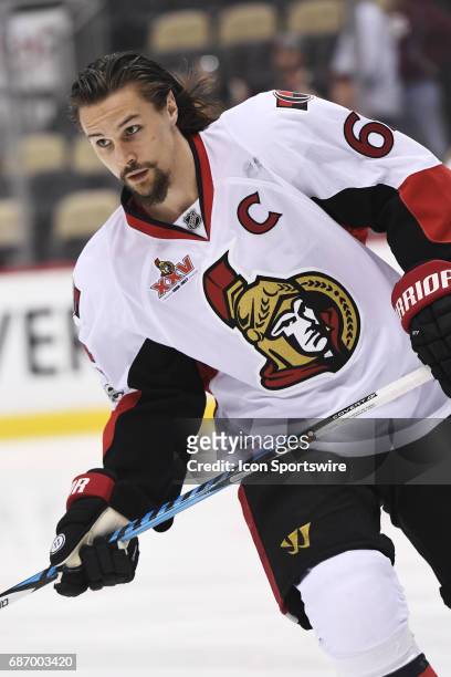 Ottawa Senators defenseman Erik Karlsson warms up before Game Five of the Eastern Conference Final during the 2017 NHL Stanley Cup Playoffs between...