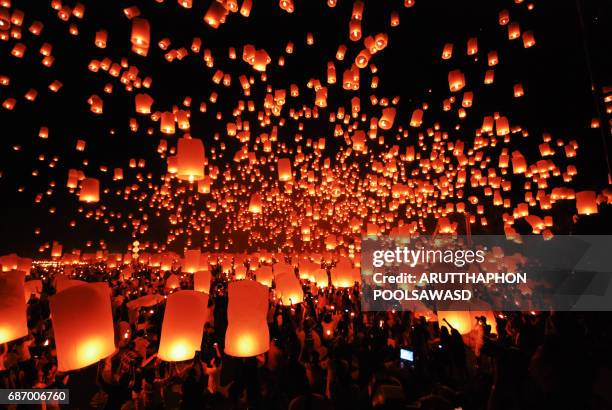 floating lanterns festival , yeepeng , chiangmai thailand - thailand illumination festival bildbanksfoton och bilder