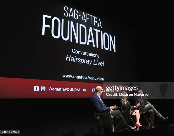 Moderator Richard Ridge, actress Kristin Chenoweth and film producer Neil Meron attend SAG-AFTRA Foundation Conversations: 'Hairspray Live!' at...