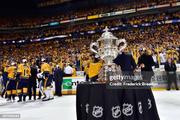 The Clarence S. Campbell Bowl is displayed after the Nashville Predators defeated the Anaheim Ducks 6 to 3 in Game Six of the Western Conference...