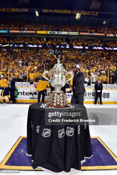 The Clarence S. Campbell Bowl is displayed after the Nashville Predators defeated the Anaheim Ducks 6 to 3 in Game Six of the Western Conference...